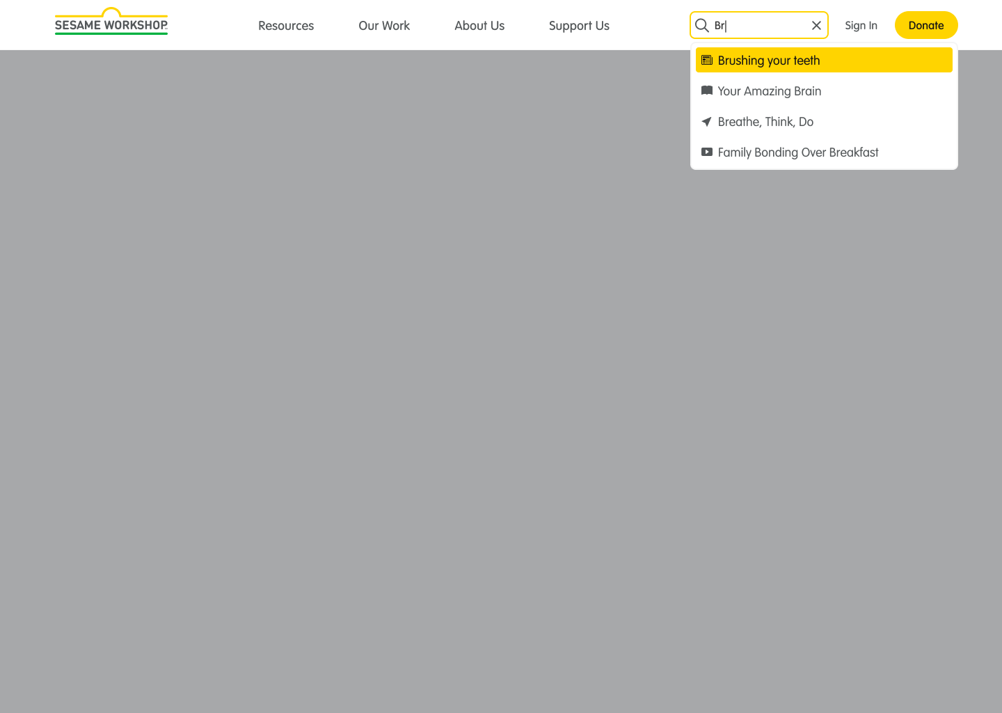 A mockup of a search field showing results as you type