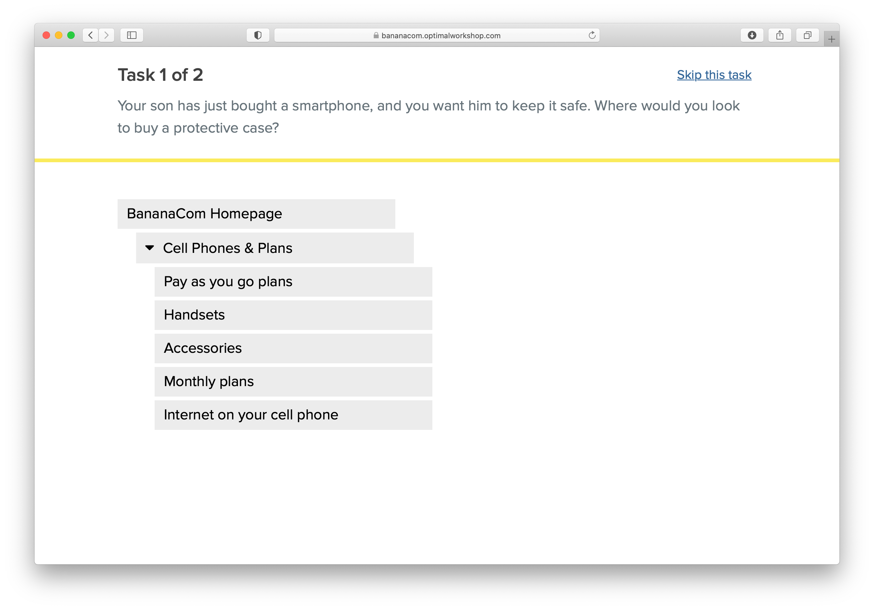 Screenshot of the tree test demo from Optimal Workshop showing how site navigation can be tested with users